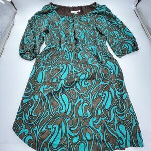 Trina Turk Women Dress 6 Silk Brown Teal Paisley Print 3/4 Sleeve Keyhole Tie